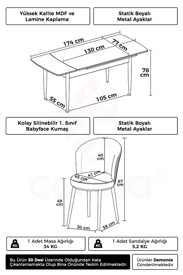 Asfel Serisi MDF 77x130 Traverten Yandan Açılabilir Mutfak Masası Takımı 6 Cappucino Sandalye